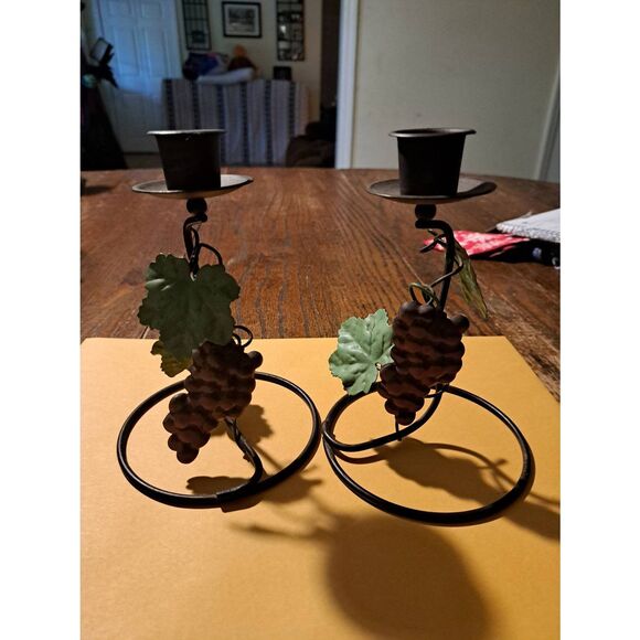 Grapevine Metal Taper Candle Holders Set of 2 Rustic Farmhouse Vineyard Winery - Picture 1 of 8